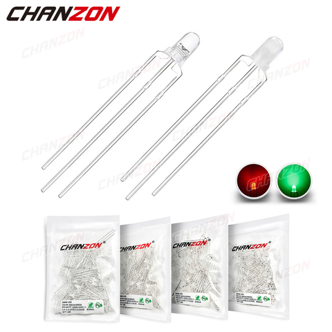 CHANZON, 100 Uds., LED de 3mm, cátodo común difuso, verde y rojo, 3 pines redondos, LED bicolor de 3mm, diodo emisor de luz de orificio pasante ► Foto 1/3