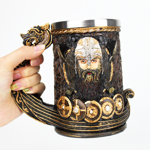 Drakkar Viking jarra taza 304 Acero inoxidable resina Dios nórdico Odin café tazas de cerveza taza cumpleaños regalo 600ml ► Foto 1/6