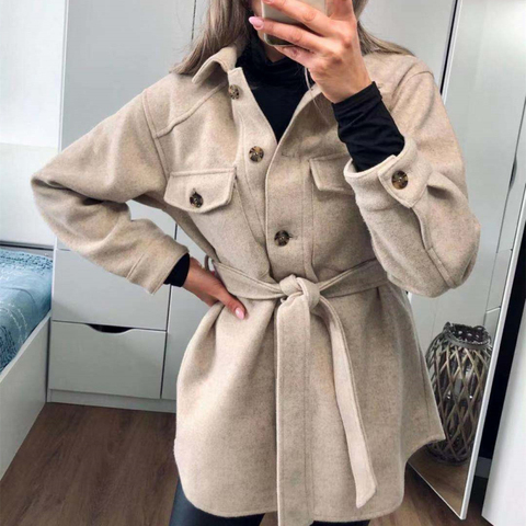 PUWD Vintage mujer suelta fajas de lana abrigos 2022 mujer Chic otoño suave TurnDown Collar prendas de vestir damas elegante bolsillos chaquetas ► Foto 1/6