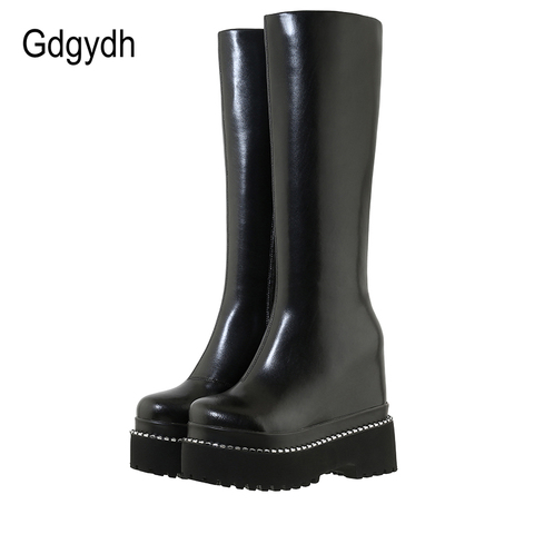 Gdgydh-Botas de invierno hasta la rodilla con remaches para mujer, zapatos de plataforma de cuero genuino con cuña, suela gruesa y cremallera ► Foto 1/6