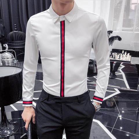 Camisa de manga larga para hombre, camisa negra y roja a rayas ajustadas coreanas para decoración de rayas, Color sólido, fiesta, Club Social, Otoño, 2022 ► Foto 1/5