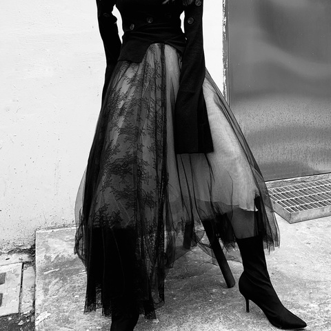 Harajuku-Faldas de malla de estilo oscuro para Mujer, Faldas de estilo Punk Ulzzang de encaje a la moda, Faldas de retazos de cintura alta ► Foto 1/5