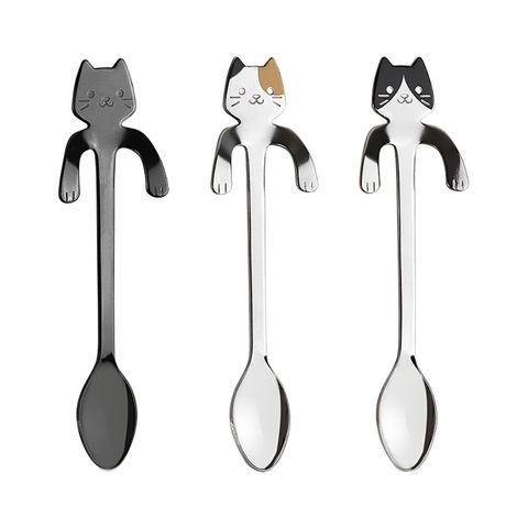 Mini cuchara con forma de gato de acero inoxidable 304, herramientas para beber café, utensilios de cocina con mango largo, novedad ► Foto 1/6