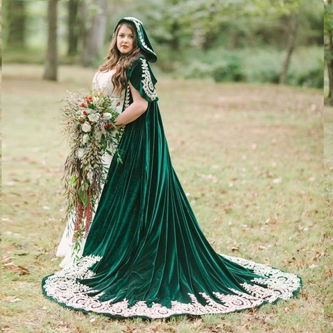 Abrigo de boda de terciopelo verde oscuro con capucha, Apliques de encaje largos, capa nupcial, envoltura de Bolero, accesorios de boda, Halloween, Medieval, Ve ► Foto 1/6