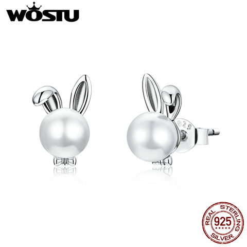 WOSTU Plata de Ley 925 auténtica conejo lindo Stud pendientes bonitos Animal perla Push-pendientes para las mujeres joyería de moda CTE463 ► Foto 1/6