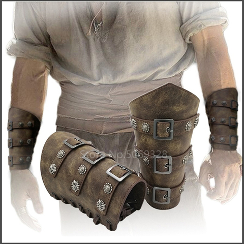 Armadura de cuero de Cosplay Medieval para hombre, calentadores de brazo con cordones, guantelete de caballero pirata Vikingo, pulsera, brazalete, accesorios Steampunk, 1 ud. ► Foto 1/6