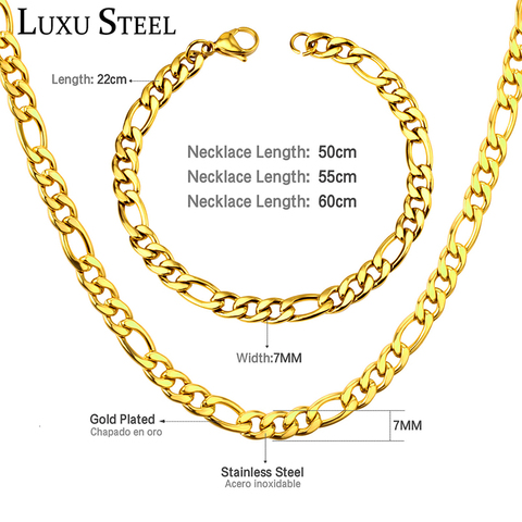 LUXUSTEEL-Conjuntos de acero inoxidable para hombre y mujer, Color dorado, Rolo, cadenas de Eslabón cubano, conjuntos de pulseras, ancho de 7mm, collares largos grandes, hip hop ► Foto 1/6