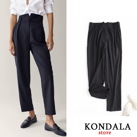 Za-pantalones de cintura alta para Mujer, capris femeninos de estilo elegante hasta el tobillo, color negro, con cremallera, de algodón con botones ► Foto 1/6