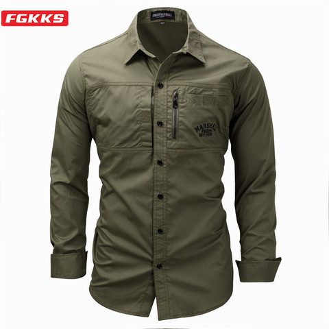 FGKKS 2022 nueva 100% algodón camisa de los hombres de la marca de moda de estilo militar al aire libre Camisas Slim Fit vestido Casual camisas de hombre ► Foto 1/6