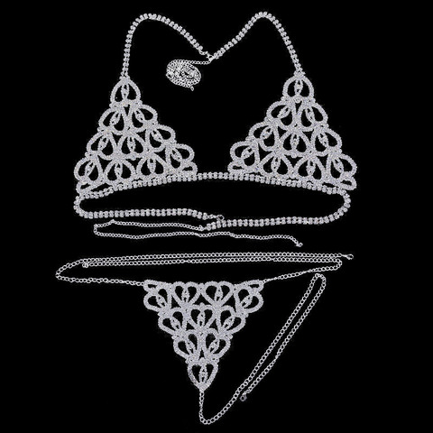 Sexy Corazón de lujo de cristal cadena cuerpo Bikini arnés para mujeres de moda Cadena de lencería Rhinestone Bling sujetador y Tanga conjunto de joyas ► Foto 1/6