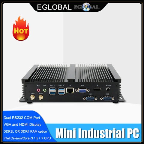 Mini ordenador industrial sin ventilador, computador de 24 horas de trabajo monitor dual, i7 8565U, i5 8265U, i3 7020U, 2 COM, HDMI VGA, 300M, wifi, 4K, HD, HTPC, PC ► Foto 1/6