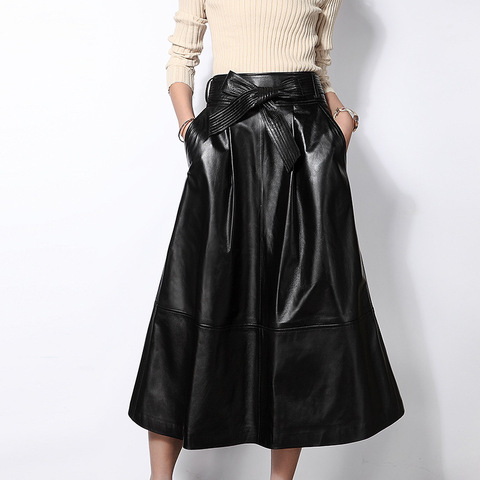 Falda de cuero auténtico para mujer, falda de cuero auténtico con cinturón de lazo, venta al por mayor y personalizada ► Foto 1/4