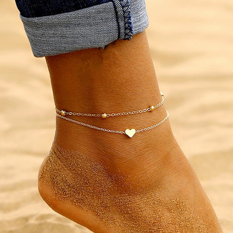 Tobilleras simples de corazón para mujer, joyería de pies para sandalias de ganchillo, brazaletes para pierna, cadena para pierna ► Foto 1/6