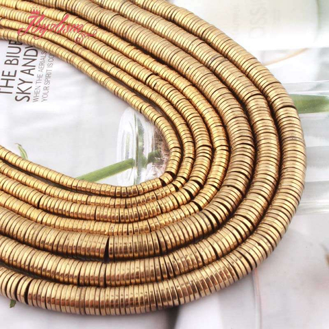 1 3x3x1x4 1x6mm oro arandela Heishi espaciador cuentas de piedra Natural hematita para DIY mujeres hombres joyería de pulsera de collar de 15