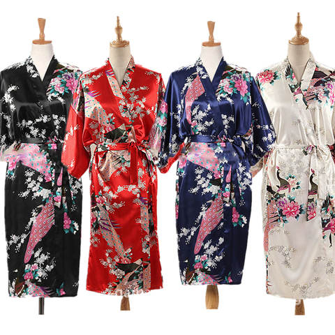 Kimono de estilo japonés satinado de 9 colores para mujer, vestido Yukata, ropa fina tradicional de pavo real para pijamas sueltos japoneses para adultos ► Foto 1/6