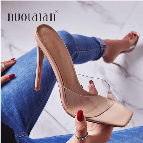 Zapatos de tacón alto para mujer mules con tira de PVC punta abierta, sandalias, zapatos de verano, calzado sexy, tacones finos, tallas 35 a 42, 2022 ► Foto 1/6