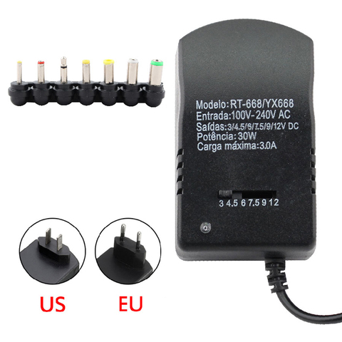 Fuente de alimentación ajustable adaptador AC DC 3v 4,5 v 6v 7,5 v 9v 12v 3A Multi voltaje adaptador de corriente Universal 7 macho de 30W cargador ► Foto 1/6