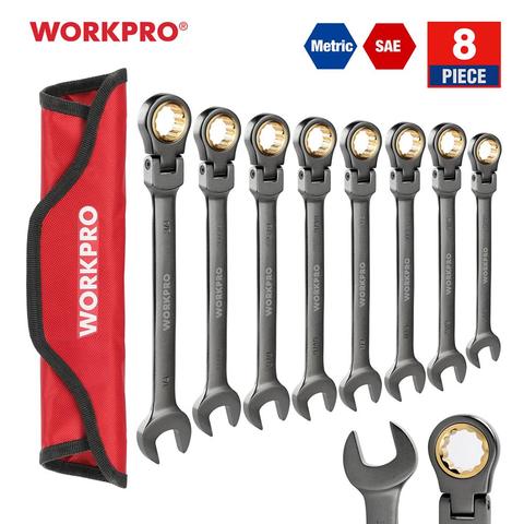 WORKPRO-Juego de llaves de combinación de trinquete de cabeza flexible, llaves métricas/SAE, herramientas de reparación de automóviles, 8 piezas ► Foto 1/6