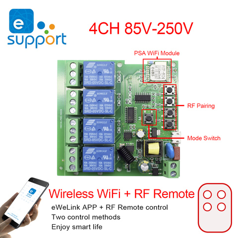 EWeLink-módulo inteligente de Control remoto inalámbrico con Wifi, receptor RF de 1/4 canales, CC de 7-32V, 5V, CA de 85-250 V, relé de 10A para Alexa IFTTT ► Foto 1/6