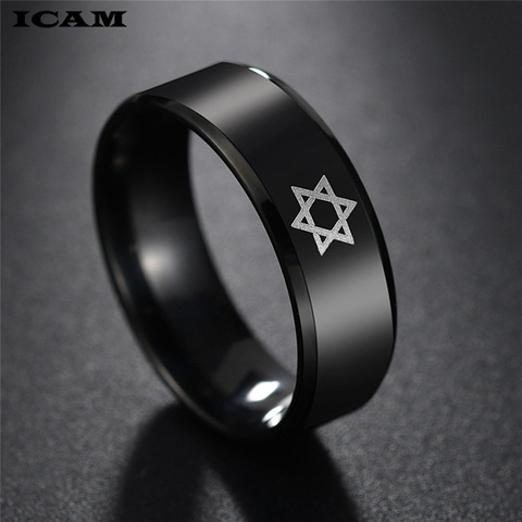ICAM-anillo de acero inoxidable con diseño de Estrella de David para hombre, sortija de estilo religioso, Judaísmo, Israel, judía, obsidiana ► Foto 1/6
