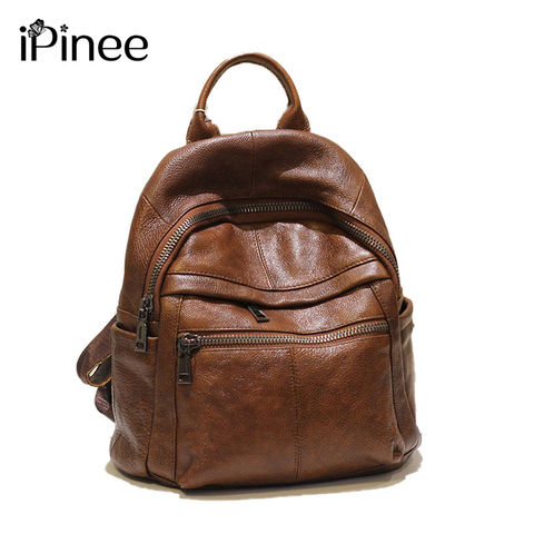 IPinee-mochila de cuero de vaca para mujer, morral escolar de piel auténtica, informal, grande, de viaje ► Foto 1/5