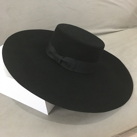 Sombrero Fedora de lana de ala ancha y cálida, sombrero de fieltro negro, lazo plano, sombreros de invierno de mujer, fiesta, iglesia, boda, estilo Retro, nuevo ► Foto 1/6