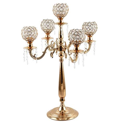 Candelabro de 5 brazos para el hogar, centro de mesa decorativo de vacaciones, candelabro de cristal dorado para cena y fiesta ► Foto 1/6