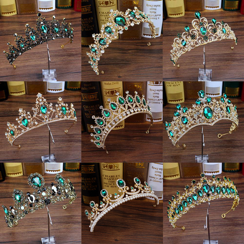 Diadema de diamantes de imitación con diseño barroco de cristal verde de lujo corona nupcial y Tiaras para la boda fiesta de graduación accesorios para el cabello ► Foto 1/6