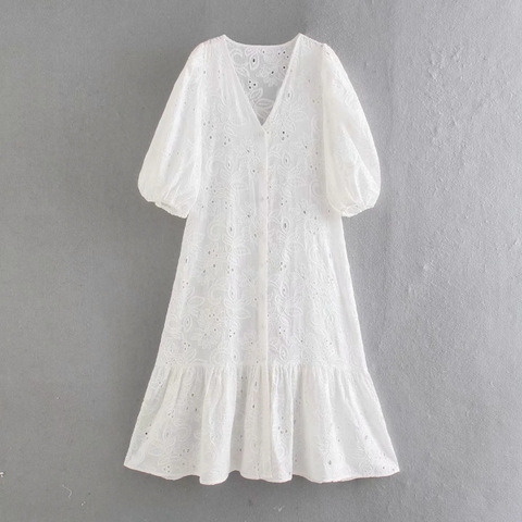 Vestido Midi blanco bordado hueco para mujer, ropa informal holgada con manga farol y cuello de pico para verano, D7379 ► Foto 1/6