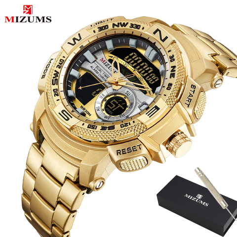 Relojes de pulsera militares MIZUMS reloj deportivo Digital LED para hombre, banda de acero inoxidable y oro, reloj de cuarzo de doble hora, hombre, reloj Masculino ► Foto 1/6