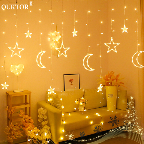 Luces de cortina de 3,5 M guirnaldas de luces Led de Navidad, guirnaldas de luces de Luna y Estrella, lámpara de 100-240V para decoración de bodas, fiestas y vacaciones ► Foto 1/6