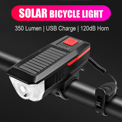 NEWBOLER Luz de bicicleta Solar USB recargable Bicicleta Faro trasero Juego de luces MTB Bicicleta Luz delantera Cuerno Ciclismo Lámpara Accesorios ► Foto 1/6