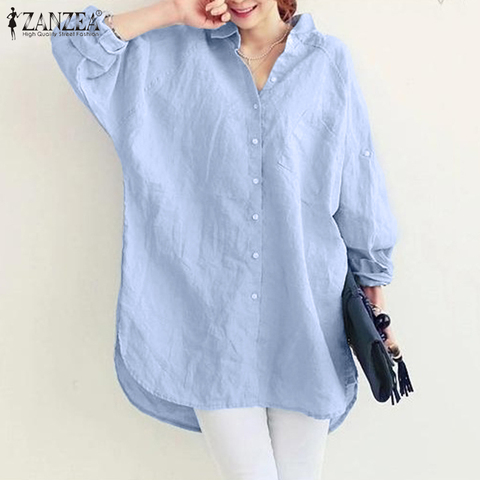 2022 ZANZEA blusa de las mujeres elegante botón camisas de manga larga Casual Blusas Mujer solapa sólido vestido de talla grande pantalones camisa 5XL ► Foto 1/6