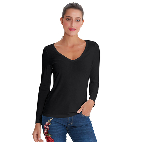 Camiseta de algodón con cuello en V para mujer, ropa Lisa lisa de manga larga, informal, ajustada, básica, de talla grande, M30166, otoño ► Foto 1/6