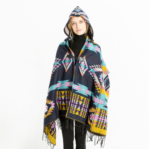 Poncho con capucha de Cachemira sintética para mujer, Poncho bohemio con gorro y capas cálidas para otoño e invierno, 2022 ► Foto 1/6