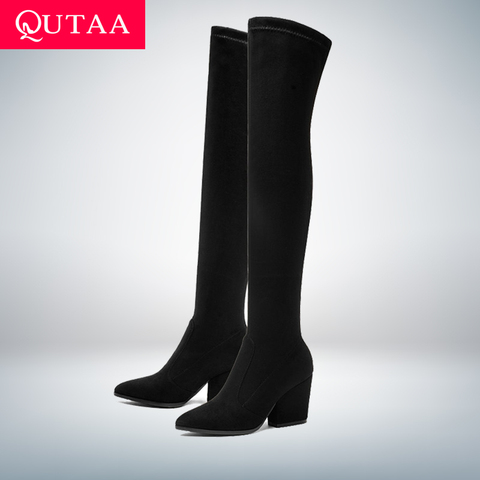 QUTAA-botas por encima de la rodilla para mujer, zapatos de invierno con cuñas, puntiagudas, Sexy, de tela elástica, talla 34-43, 2022 ► Foto 1/6