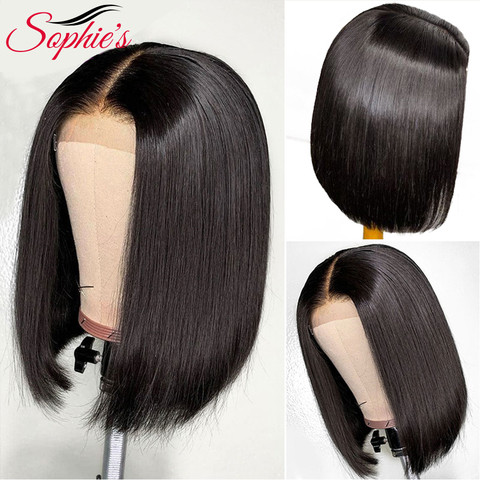 Sophie es 4*4 Cierre encaje Bob corto pelucas de cabello humano Pre-arrancado recto brasileño pelucas de cabello humano 180% de densidad Remy peluca 8-14