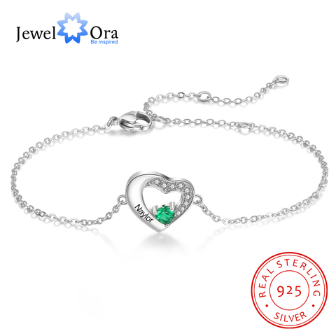 Pulsera de plata de ley 925 con grabado en plata para mujer, brazalete personalizado con nombre y piedra de nacimiento de corazón para amantes (BA102973) ► Foto 1/6