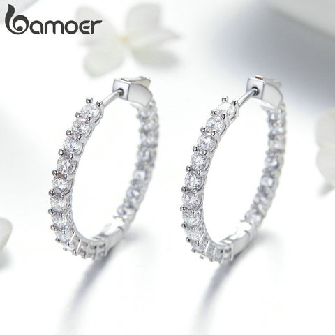 BAMOER clásico de nueva Color plata redondo círculo luminoso Zirconia cúbico, pendientes para las mujeres hipérbole joyería pendientes de YIE138 ► Foto 1/5