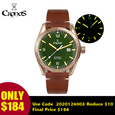 Reloj Lugyou Cronos para hombre, reloj de bronce CuSn8 automático PT5000 SW200, cristal de zafiro, correa de goma, verde Lum ► Foto 1/6