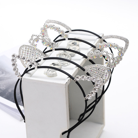 Diadema con orejas de gato para niña y mujer, diadema con orejas de cristal, tocado con diamantes de imitación para niña ► Foto 1/6