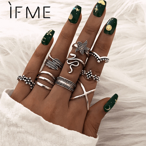 IF ME-anillo Vintage de plata para mujer, conjunto de anillos geométricos étnicos de Metal para nudillos, joyería femenina ► Foto 1/6