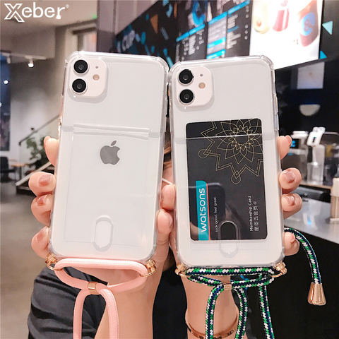 Funda de teléfono para iPhone 12 Mini 11 Pro XS Max X XR 6 S 8 7 Plus SE, funda transparente de goma suave con cordón cruzado y soporte para ranura de tarjeta ► Foto 1/6