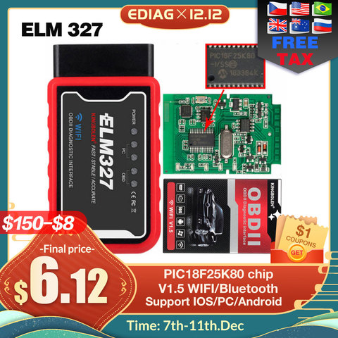 Lector de código ELM 327 OBDII V1.5, herramienta de diagnóstico diésel/gasolina para Android/IOS, nuevo Chip Elm327 V1.5 con Bluetooth/WIFI OBD2 PIC18F25K80 ► Foto 1/6