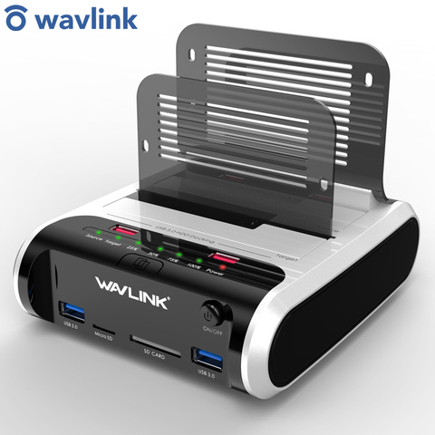 Wavlink-estación de acoplamiento de disco duro de 2,5 pulgadas, USB 3,5 a SATA de doble bahía con clon fuera de línea y lector de tarjetas UASP para HDD SSD de 3,0 