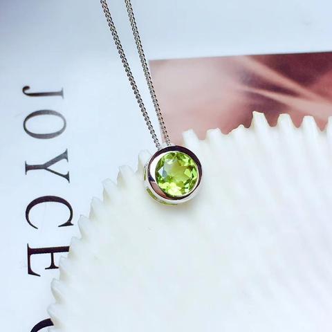 Colgante de piedras preciosas de peridoto verde para mujer, collar elegante, joyería fina de plata, regalo de aniversario de cumpleaños, Gema verde redonda ► Foto 1/6