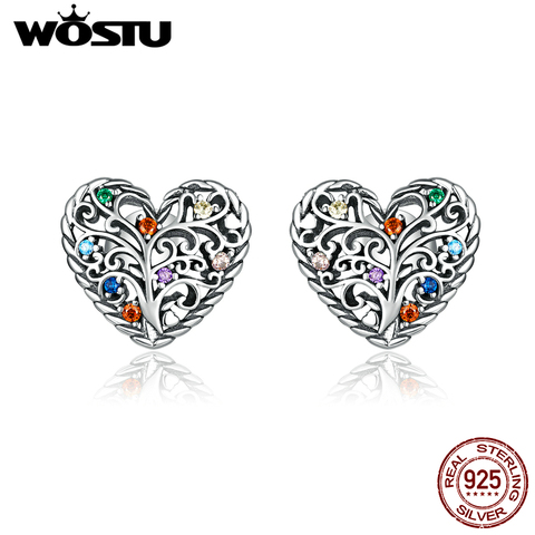 WOSTU-pendientes del árbol de la vida para mujer, de Plata de Ley 925, aretes coloridos de corazón de circón, el mejor regalo de cumpleaños, joyería CQE933 ► Foto 1/6