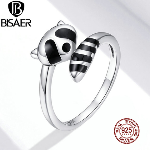 BISAER-anillos de animales de mapache negro 100% Plata de Ley 925, anillo ajustable abierto para mujer, joyería de Amistad ECR652 ► Foto 1/6