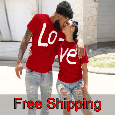 Camiseta de verano para parejas, ropa con corazón impreso, camiseta para parejas, camisetas de manga corta de algodón informales de navidad, camiseta holgada para parejas ► Foto 1/6