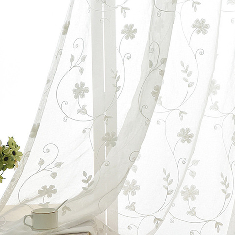 Cortinas transparentes de tul con flores blancas bordadas para ventana, cortinas para sala de estar, dormitorio, cocina ► Foto 1/6